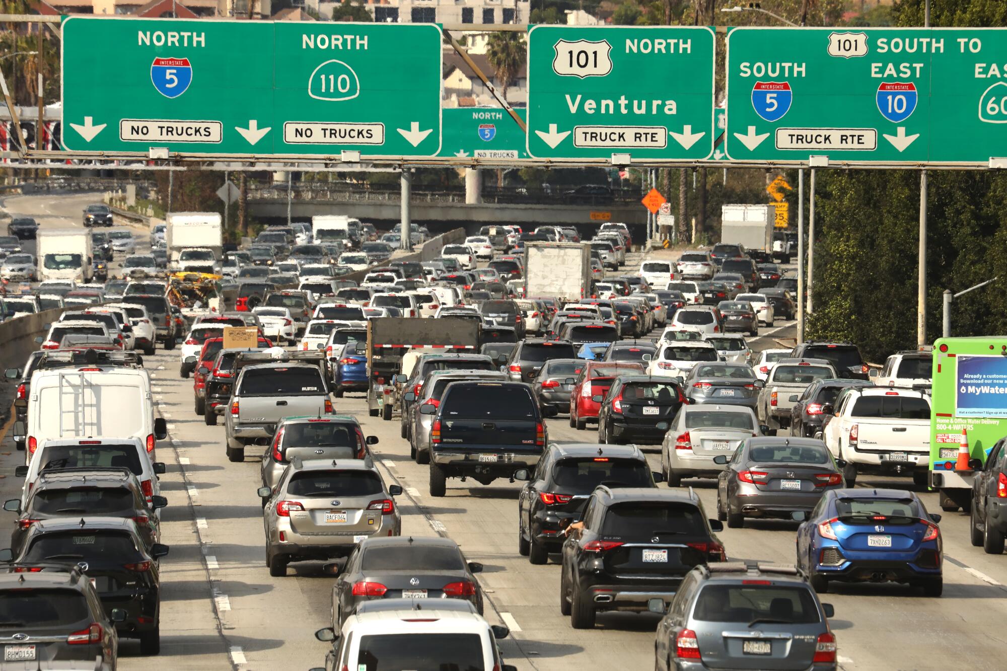 Traffic is backed up on the 110 and 101 freeways.