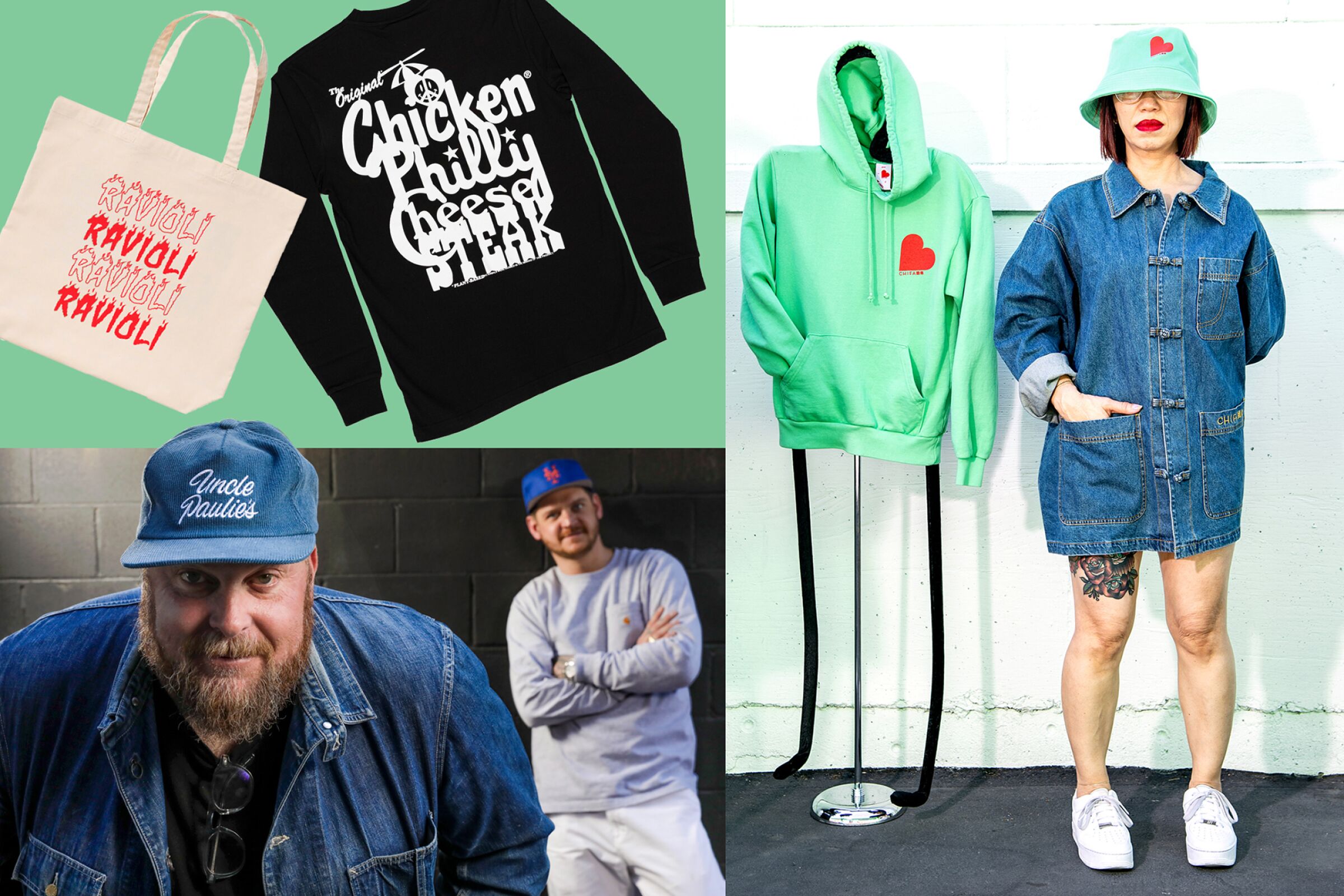 Food-inspired items including a Philly cheesesteak sweatshirt, ravioli totebag, a green hoodie and bucket hat with red heart