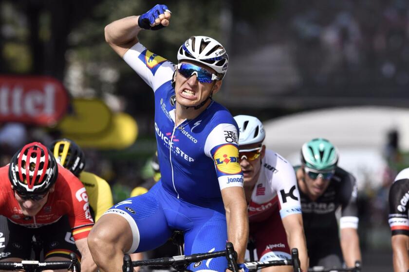 TOPSHOT - Germany's Marcel Kittel celebrates as he crosses the finish line ahead of Germany's Andre Greipel (L) during the 216 km sixth stage of the 104th edition of the Tour de France cycling race on July 6, 2017 between Vesoul and Troyes. / AFP PHOTO / Jeff PACHOUDJEFF PACHOUD/AFP/Getty Images ** OUTS - ELSENT, FPG, CM - OUTS * NM, PH, VA if sourced by CT, LA or MoD **