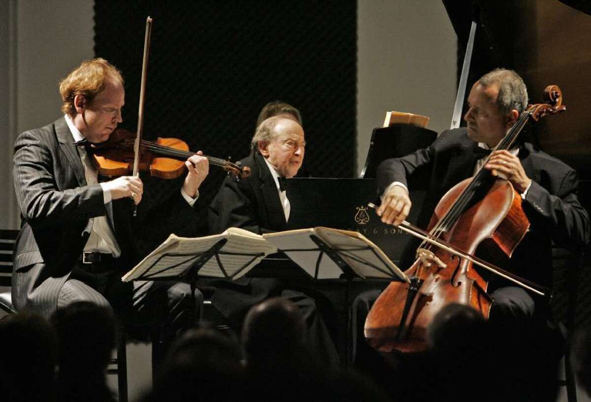 Pianist Menahem Pressler, violinist Daniel Hope and cellist Antonio Meneses in 2008 at the final Los Angeles appearance of the Beaux Arts Trio at Ace Gallery, Beverly Hills.