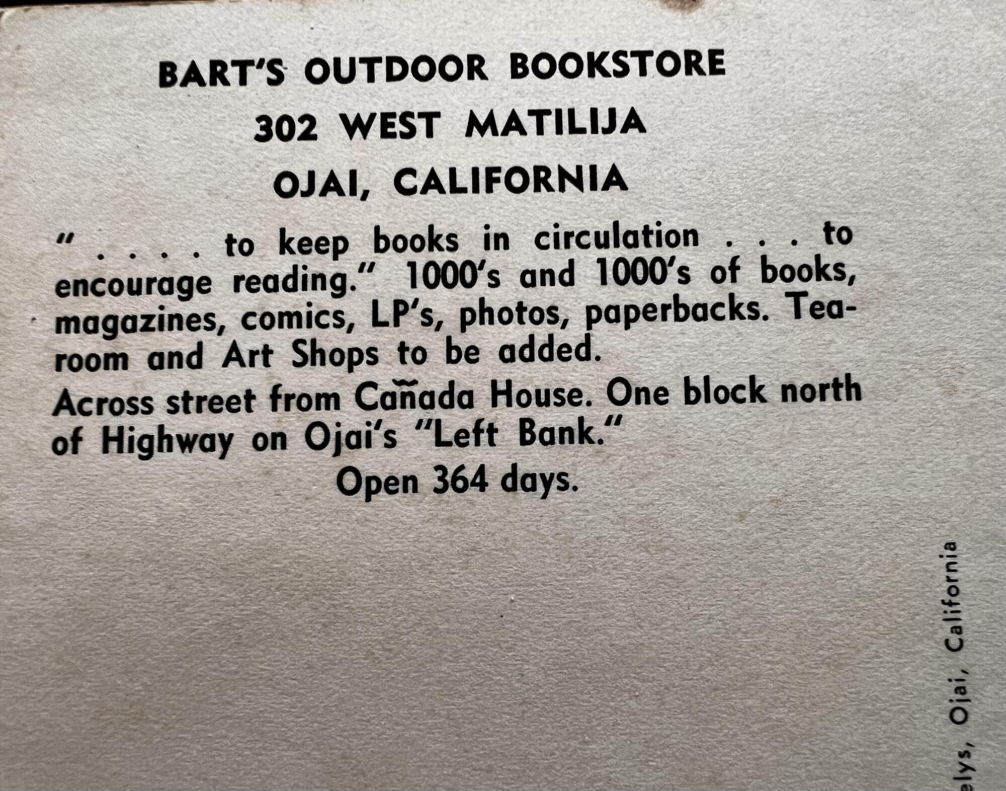 Back of a postcard, which includes the text: Bart's Outdoor Bookstore ... One block north of Highway on Ojai's 'Left Bank.'"