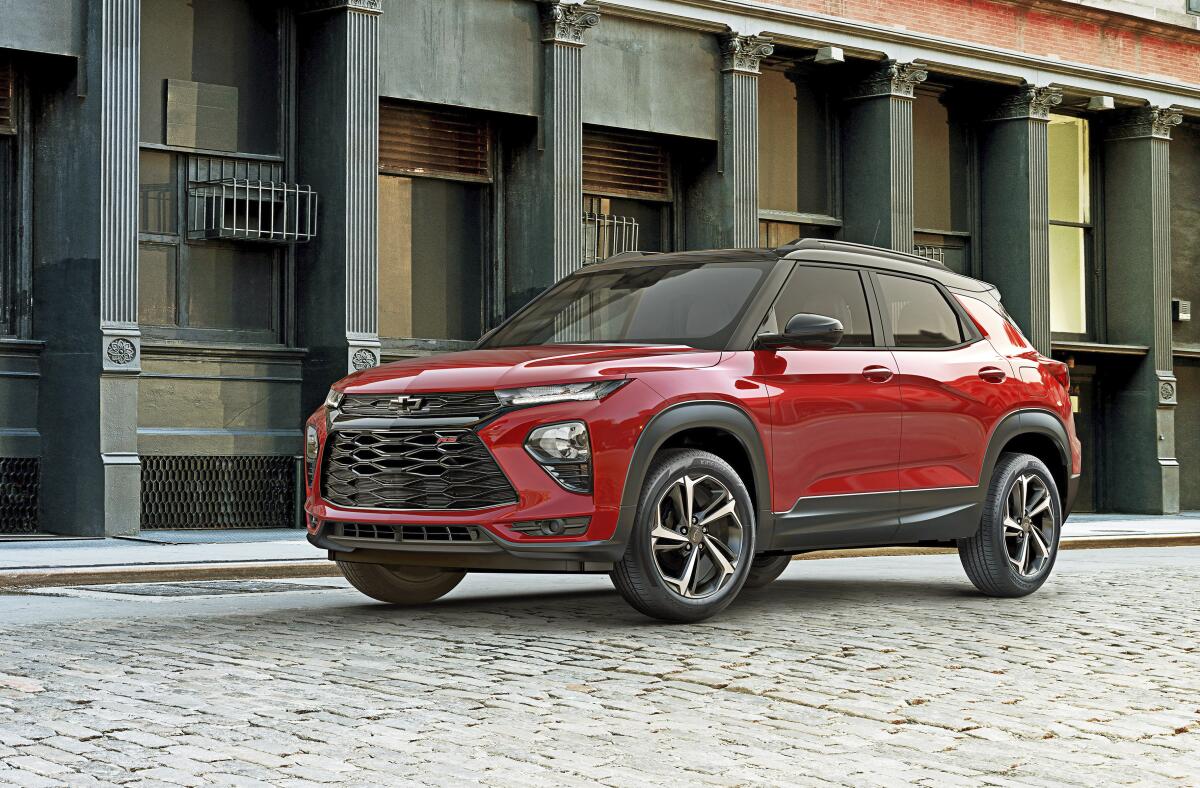 This photo provided by General Motors shows the 2022 Chevrolet Trailblazer, a small SUV that gets 28-31 mpg in combined highway and city driving. (Courtesy of General Motors via AP)