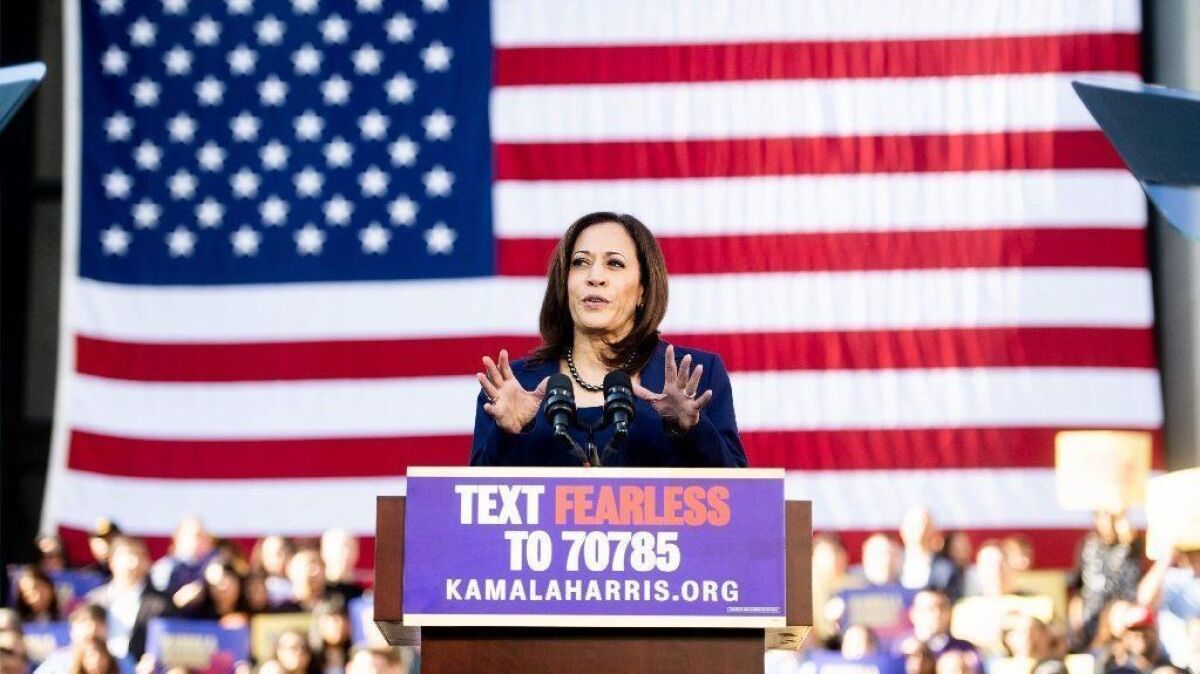 Sen. Kamala Harris speaks a rally for her 2020 presidential campaign in Oakland on Jan. 27.