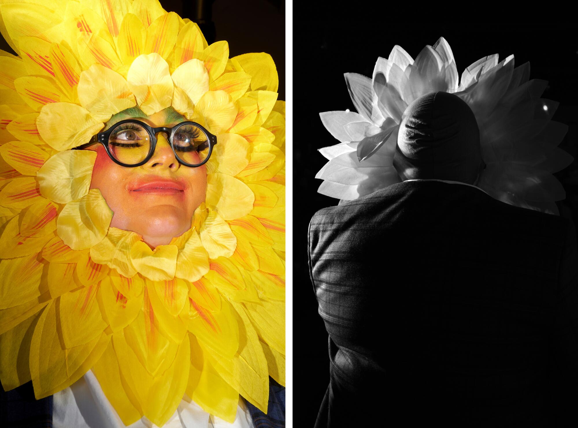 Side-by-side photos of a person with glasses, dressed as a yellow flower