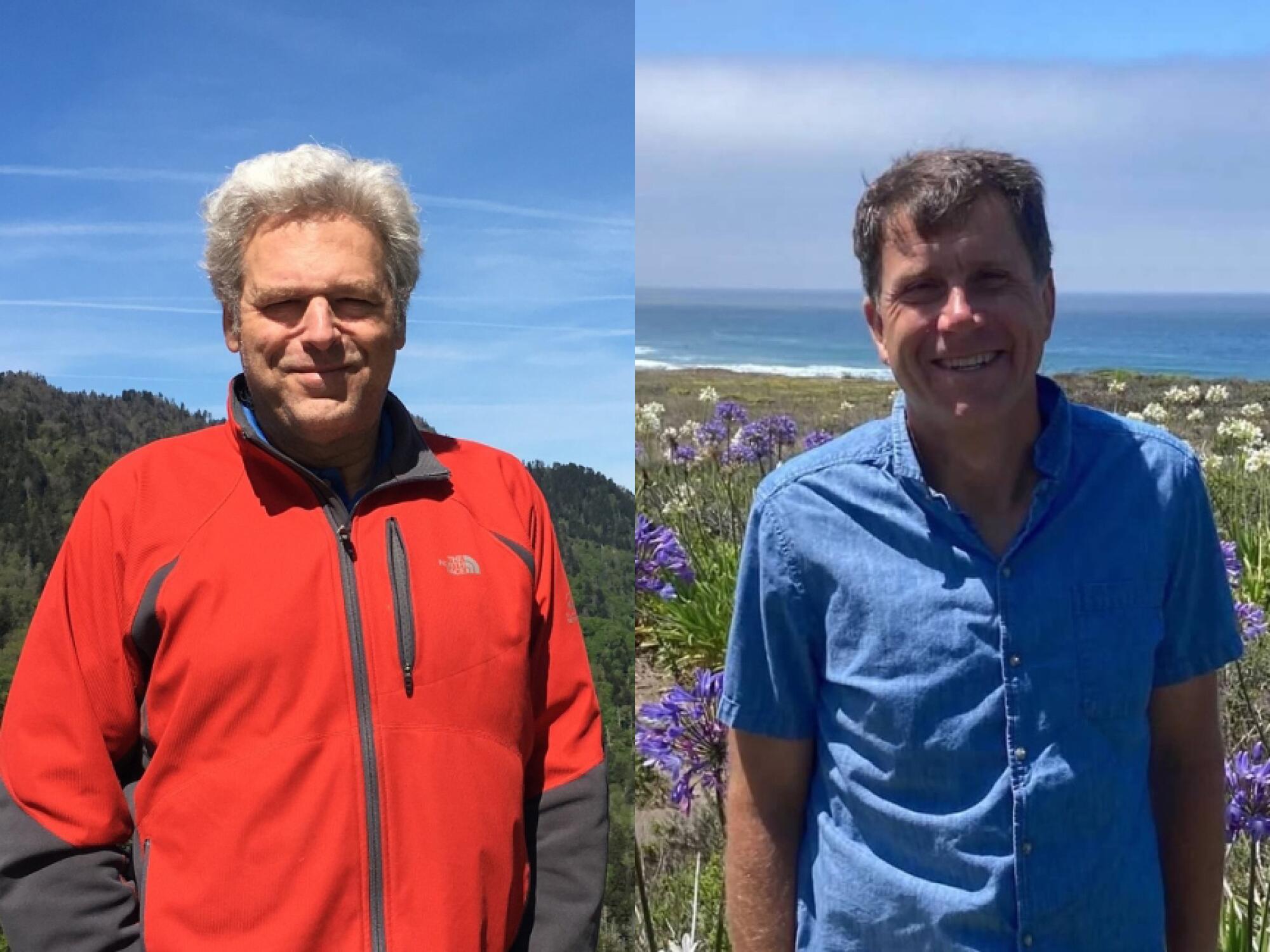 Diptych of Anthony Kaye and Gregory Downs standing against a blue sky