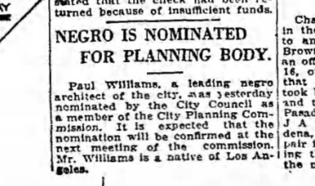 A screengrab of a 1921 report in the L.A. Times records Paul R. Williams' appointment to the city's planning commission. 