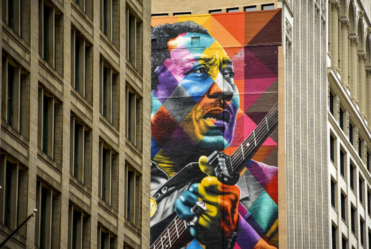 This mural of Muddy Waters was unveiled on North State Street in 2017 at the opening of the annual Chicago Blues Festival.