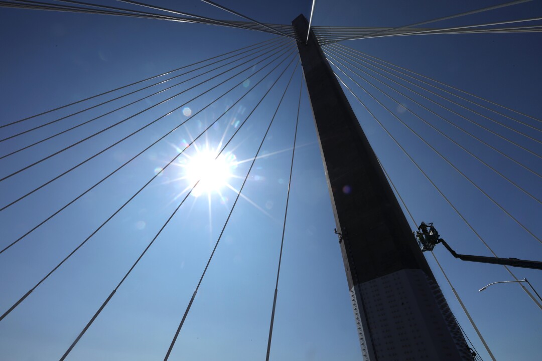 The new Gerald Desmond Bridge towers above the old Gerald Desmond Bridge in Long Beach