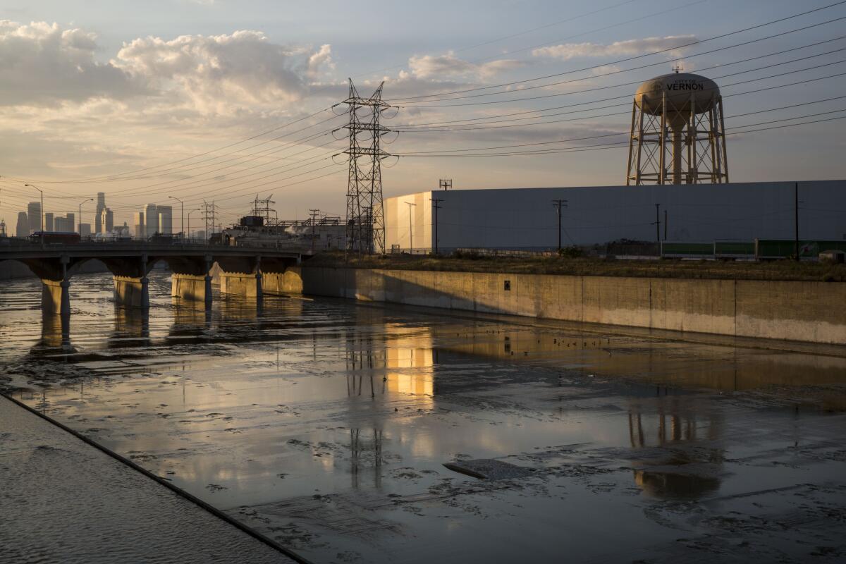 The city of Vernon water tower sits along the Los Angeles River