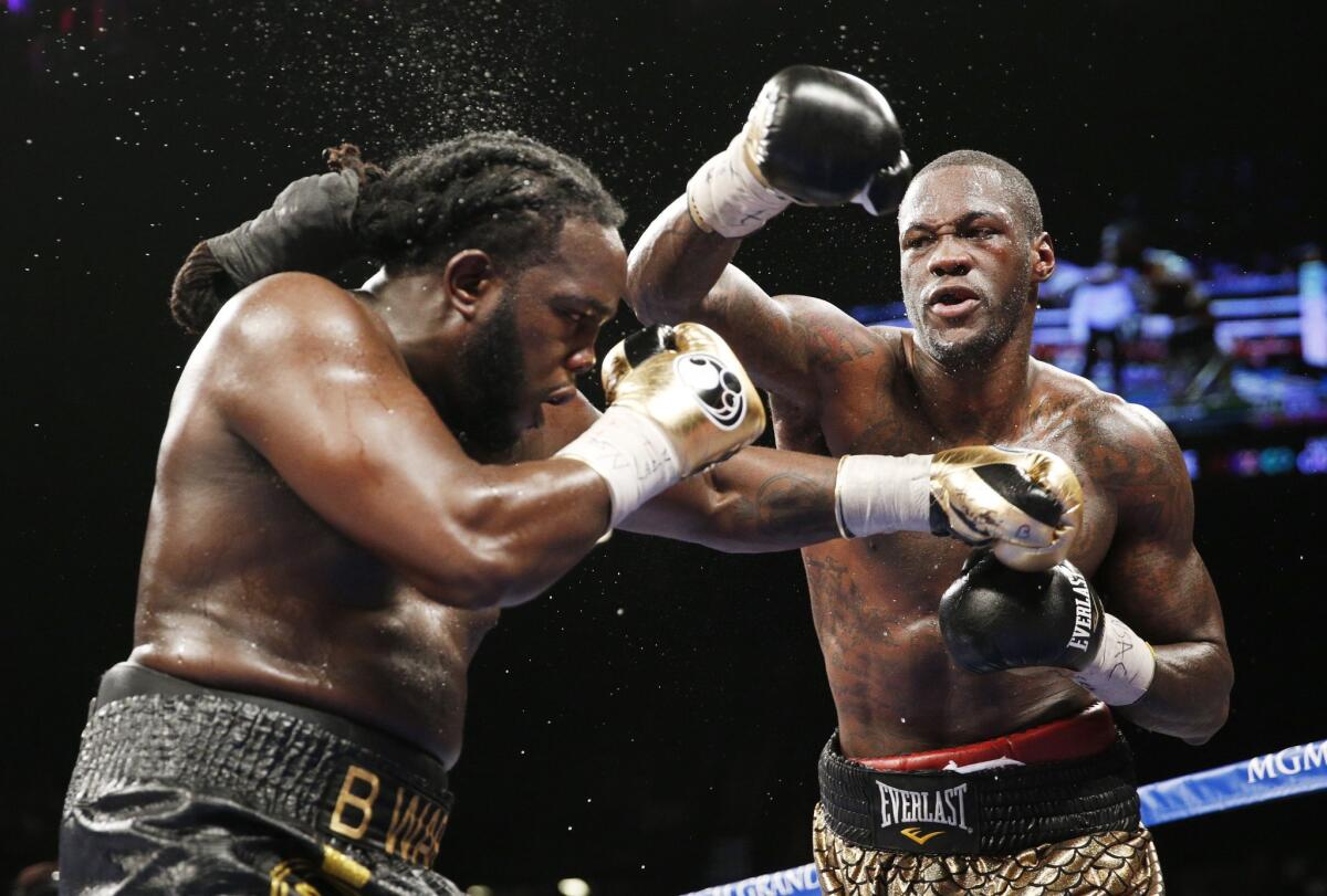 Deontay Wilder hits Bermane Stiverne during their WBC heavyweight title boxing bout Jan. 17, 2015.