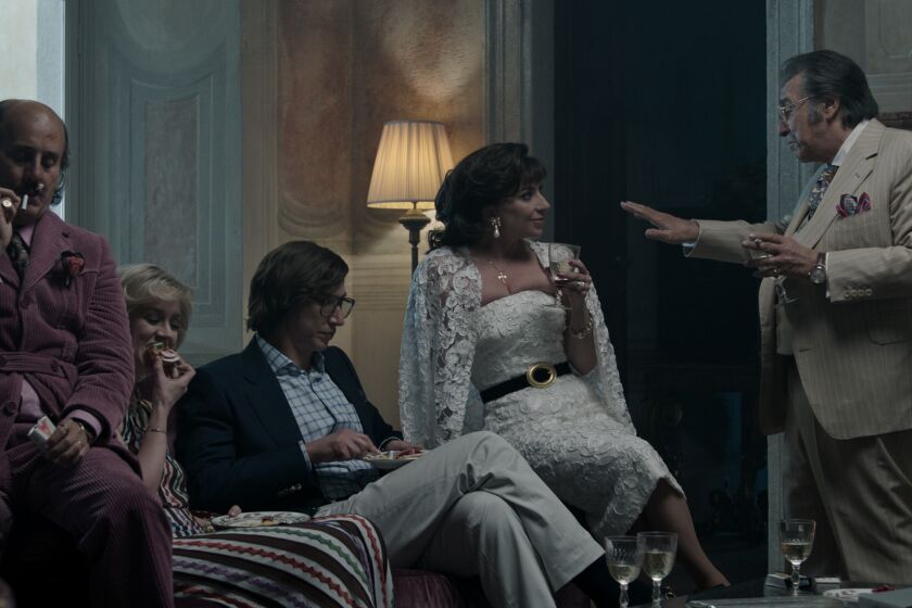 (l-r.) Jared Leto stars as Paolo Gucci, Florence Andrews as Jenny Gucci, Adam Driver as Maurizio Gucci, Lady Gaga as Patrizia Reggiani and Al Pacino as Aldo Gucci in Ridley Scott's HOUSE OF GUCCI A Metro Goldwyn Mayer Pictures film Photo credit: Courtesy of Metro Goldwyn Mayer Pictures Inc. © 2021 Metro-Goldwyn-Mayer Pictures Inc. All Rights Reserved.
