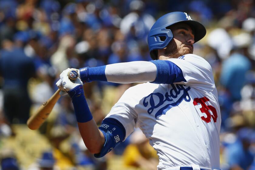 LOS ANGELES, CALIF. - AUGUST 11: Los Angeles Dodgers first baseman Cody Bellinger (35) at bat against the Arizona Diamondbacks in th4 first inning of a Major League Baseball game at Dodger Stadium on Sunday, Aug. 11, 2019 in Los Angeles, Calif. (Kent Nishimura / Los Angeles Times)