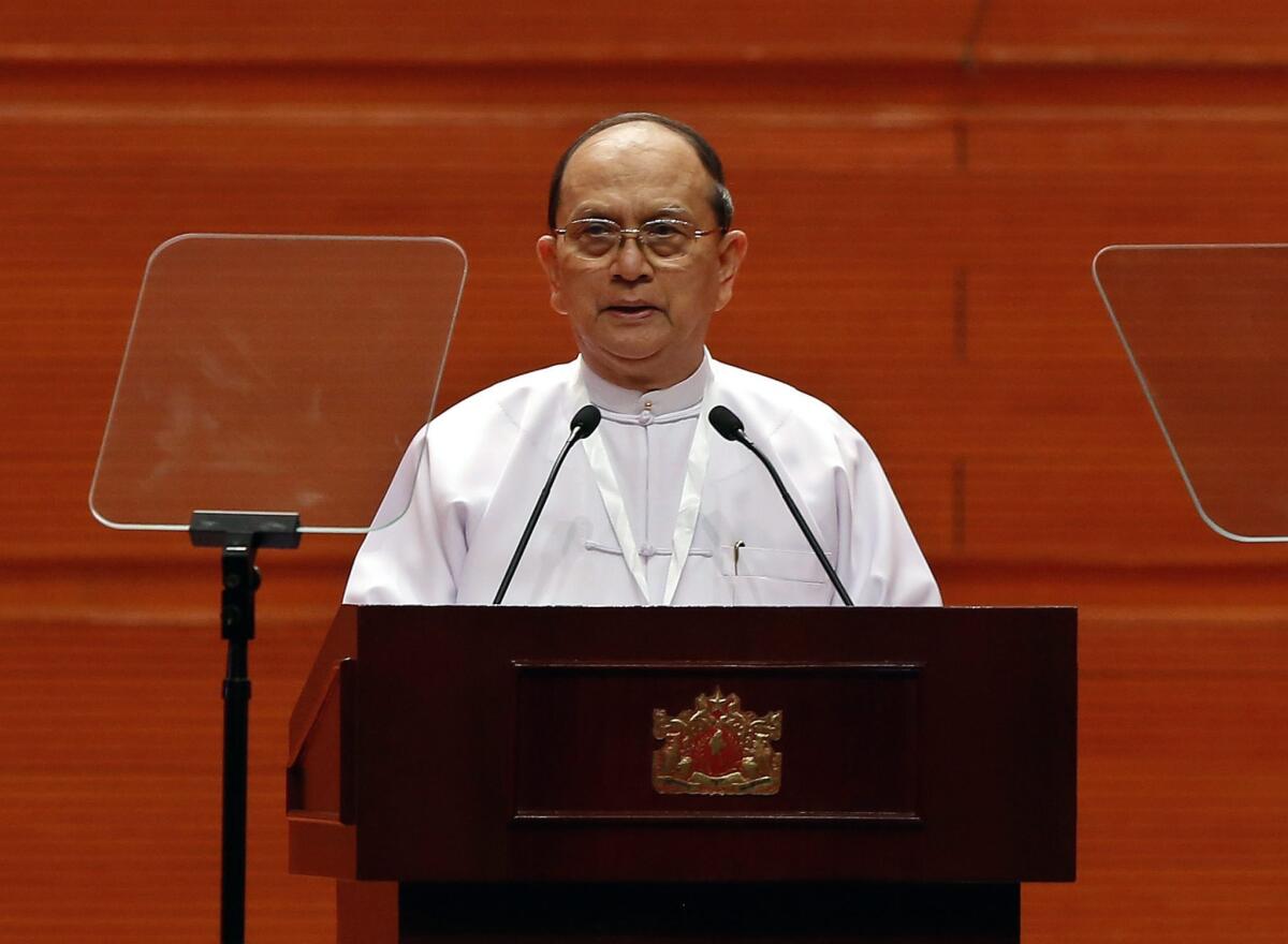 Myanmar president Thein Sein delivers a speech during the Peace Conference at the Myanmar Convention Center in Naypyitaw, Myanmar, on Jan. 12, 2016.