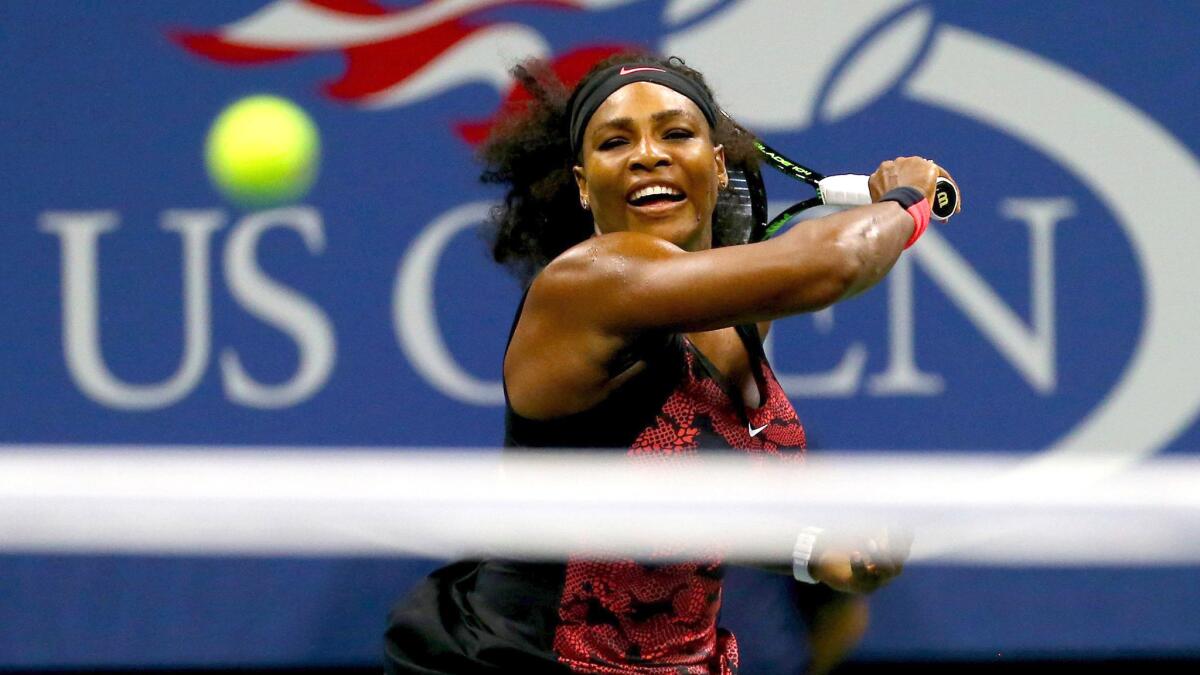 Serena Williams returns a shot against Bethanie Mattek-Sands during their third-round match at the U.S. Open on Friday in New York.