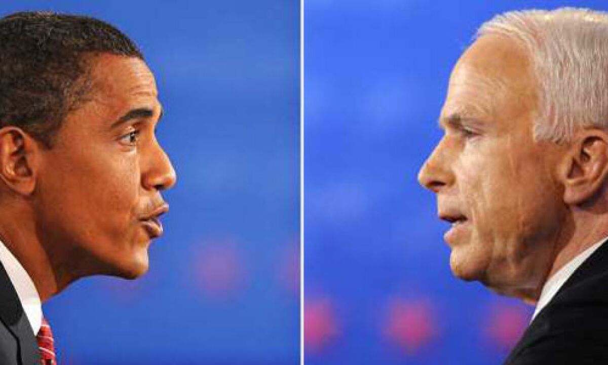 TWO SIDES: Nominees Barack Obama and John McCain (shown during their final presidential debate at Hofstra University in New York) differ on public funding of the arts.