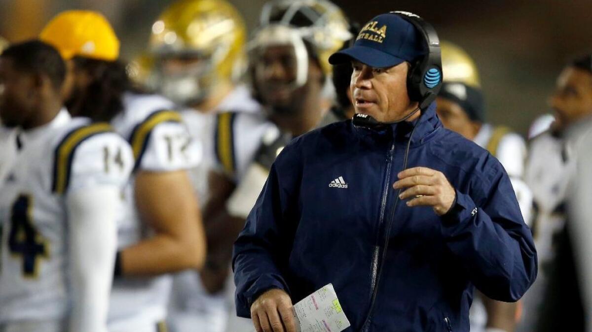 UCLA Coach Jim Mora watches from the sideline during a game against California in November. His Bruins have 18 recruits committed so far for the 2017 season.