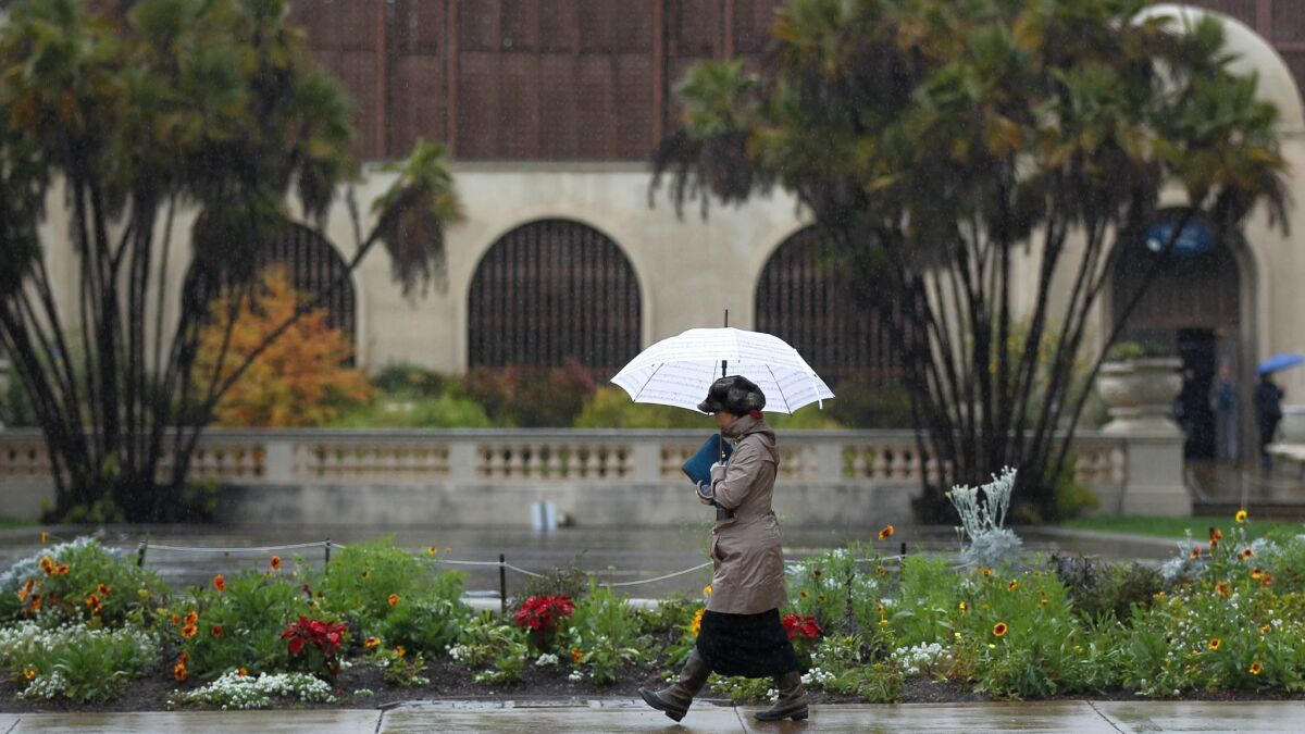 A woman walks through Balboa Park as the rain came down on Monday. More rain is expected Wednesday morning and Thursday.