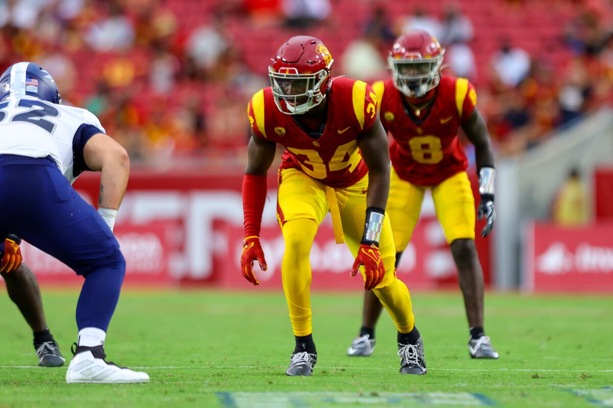 USC defensive end Braylan Shelby readies for the snap during a win over Nevada in September. 