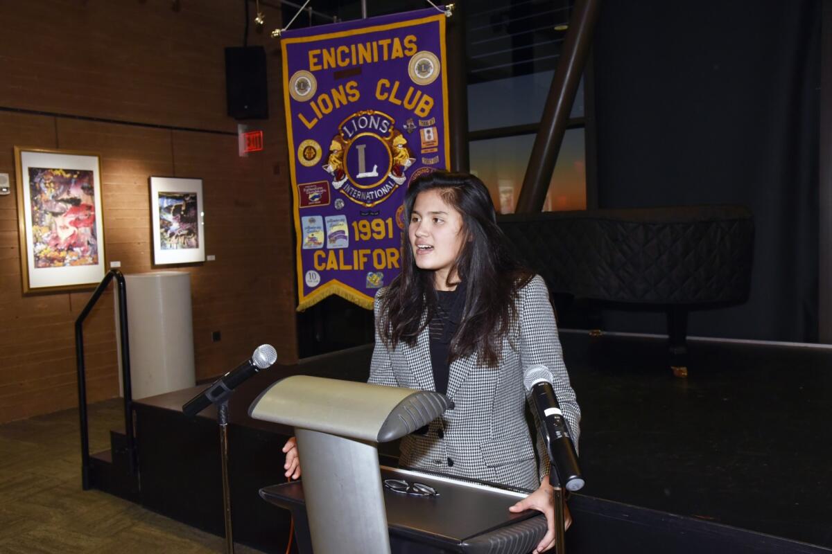 Halle Schaffer speaking before the Encinitas Lions Club back in January.