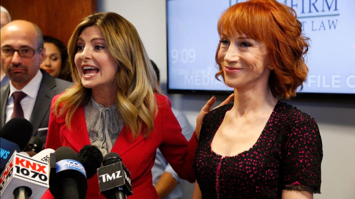 Lisa Bloom, left, with client and comedian Kathy Griffin at a news conference in in June.