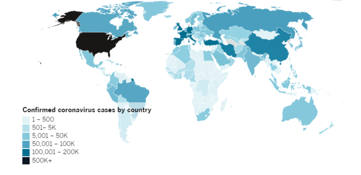 Confirmed COVID-19 cases by country as of 5:30 p.m. PDT Wednesday, April 22. Click to see the map from Johns Hopkins CSSE.