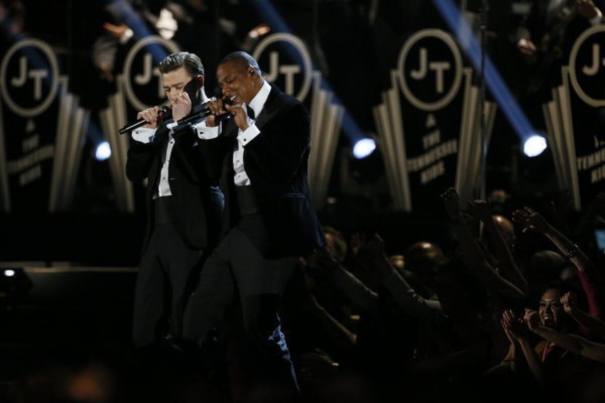 Justin Timberlake and Jay-Z perform at the 55th Annual Grammy Awards in February. The duo will perform together Sunday night at a concert at the Rose Bowl.