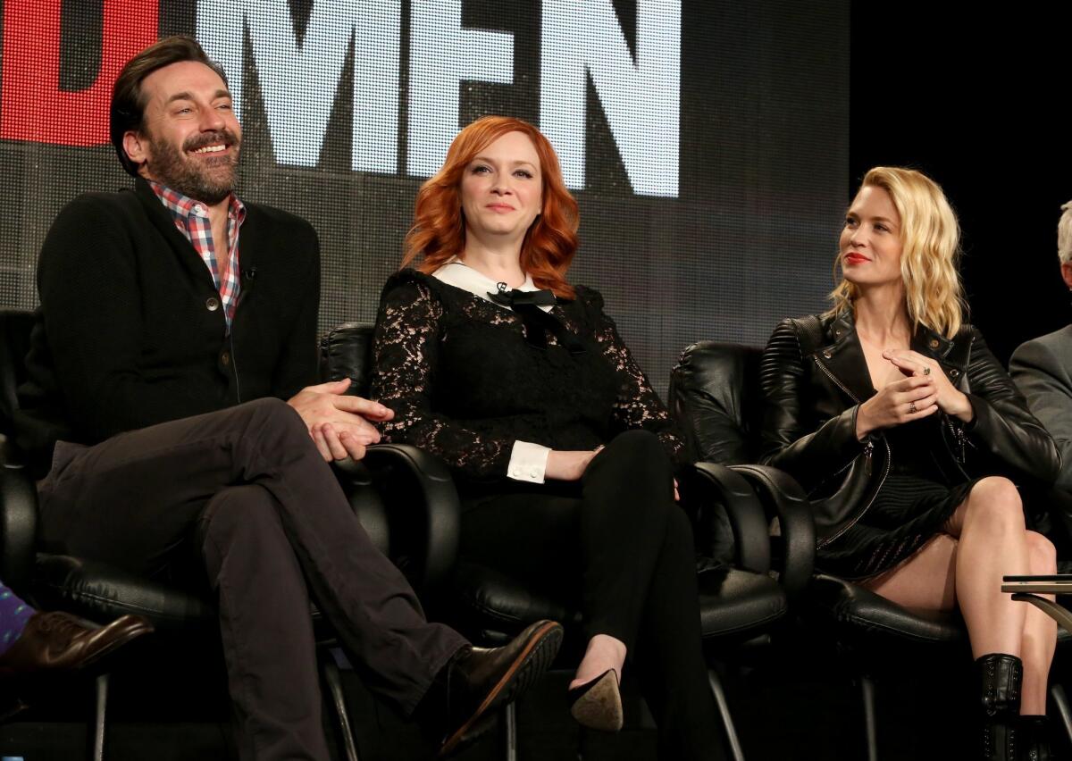 Jon Hamm, Christina Hendricks, center, and January Jones on the "Mad Men" panel at the 2015 Television Critics Assn. press tour Saturday in Pasadena.