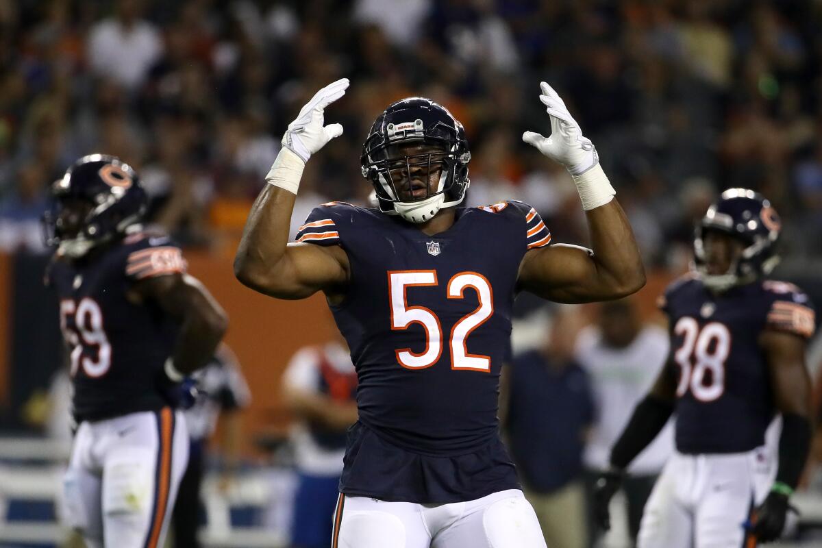 Chicago Bears pass-rusher Khalil Mack reacts during a game against the Seattle Seahawks in September 2018.