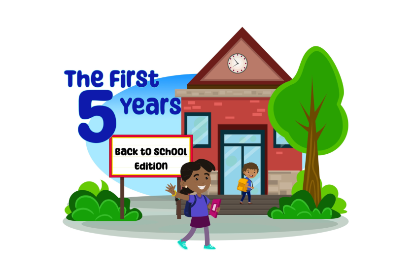 A young girl waves in front a red brick schoolhouse. Behind her, a young boy walks up the steps into the school.