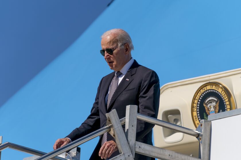 President Joe Biden arrives at Stewart Air National Guard Base in Newburgh, N.Y., Thursday, Oct. 6, 2022. (AP Photo/Andrew Harnik)