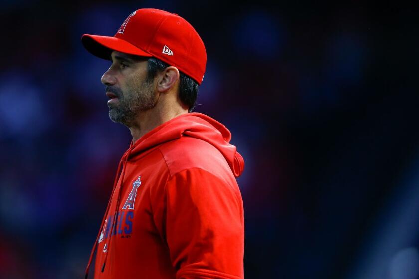 ANAHEIM, CALIF. - APRIL 04: Los Angeles Angels manager Brad Ausmus (12) during a game at Angel Stadium on Thursday, April 4, 2019 in Anaheim, Calif. (Kent Nishimura / Los Angeles Times)