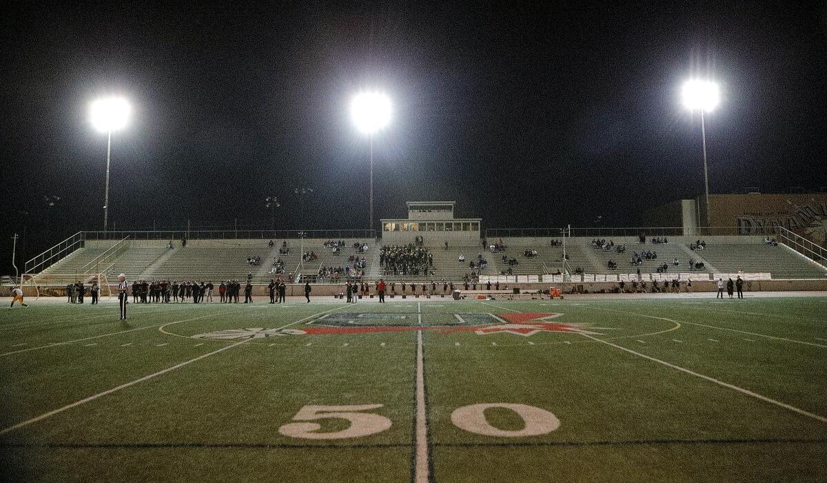 A look across the field at the Glendale sidelines and stands on a Thursday nigh football game against Arcadia in a Pacific League football game at Glendale High School on Thursday, October 3, 2019. Last week, due to injuries, the team did not have enough players to field a team.