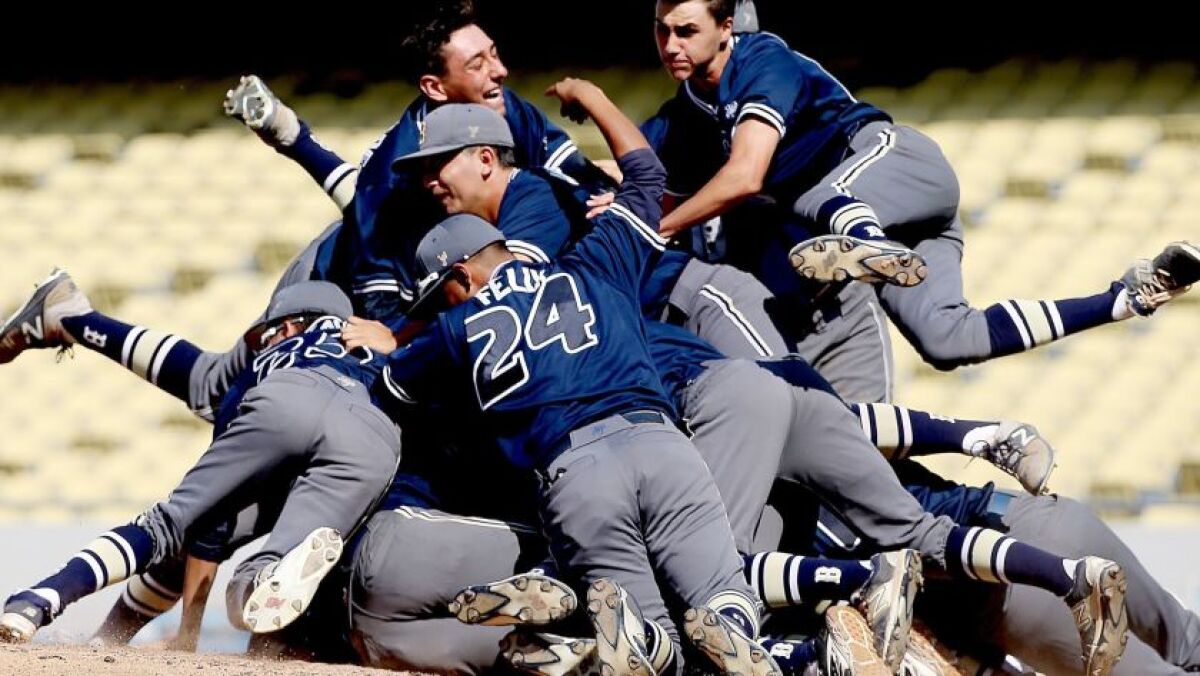 Players from Birmingham celebrate in the 2017 City championship game at Dodger Stadium.