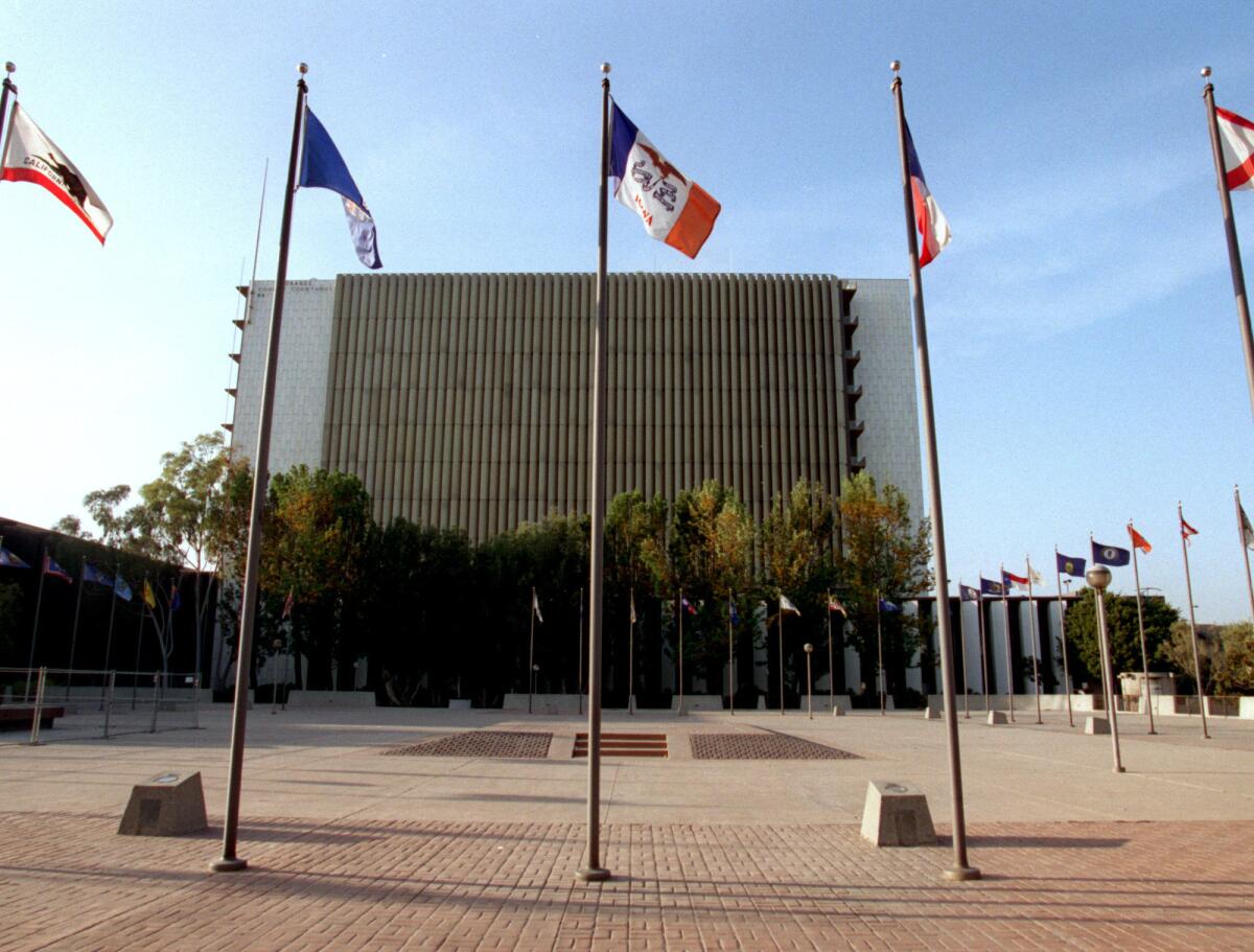 The Plaza of the Flags stands near Orange County Superior Court.