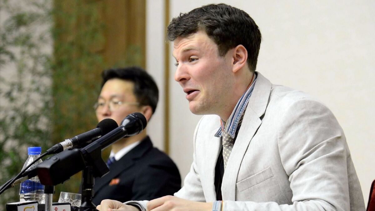 This file photo taken Feb. 29, 2016, and released by North Korea's official Korean Central News Agency shows U.S. student Otto Frederick Warmbier speaking at a news conference in Pyongyang, North Korea.