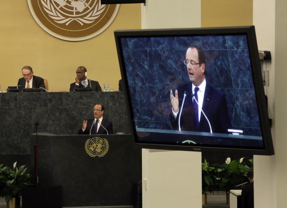 France's President Francois Hollande appealed to the U.N. General Assembly to launch a mission to finance and train African armies to defend themselves against terrorism of the type seen this week in a deadly siege at a Nairobi shopping mall.