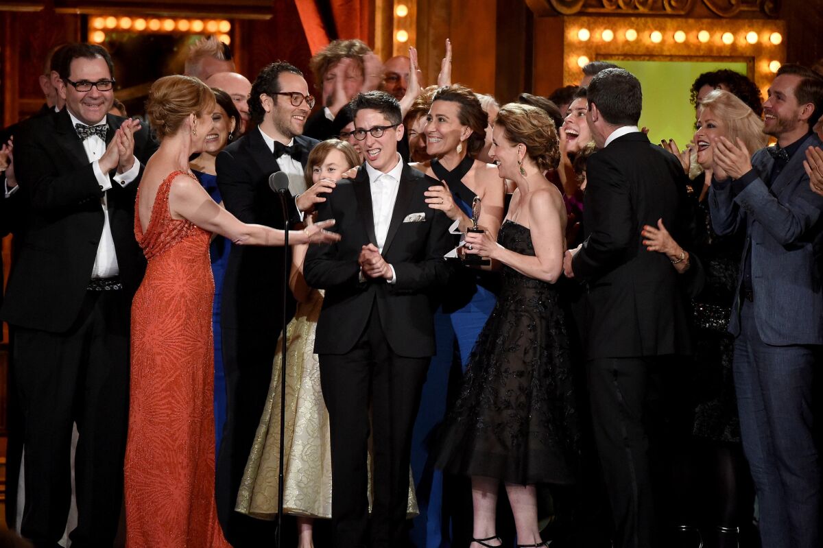 Alison Bechdel and the cast and creatives of "Fun Home" accept the 2015 Tony Award for Best Musical. Some freshmen at Duke University object to the "Fun Home" graphic novel, saying it offends their Christian values.