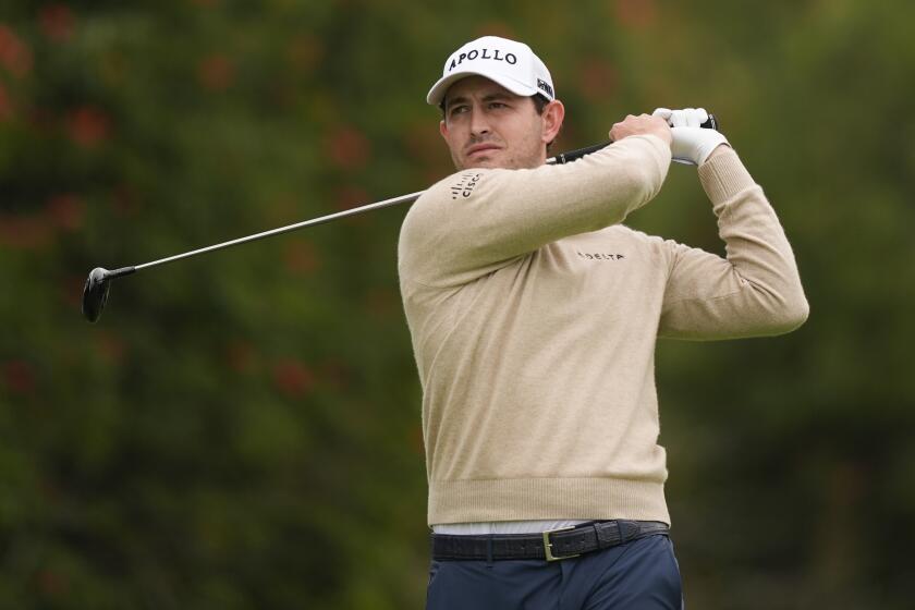 Patrick Cantlay hits from the fourth tee during the third round of the Genesis Invitational.