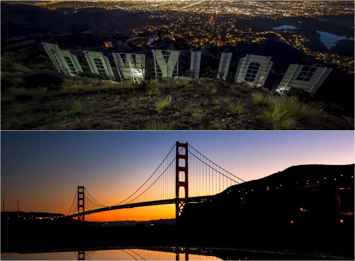 The Hollywood sign and Golden Gate Bridge