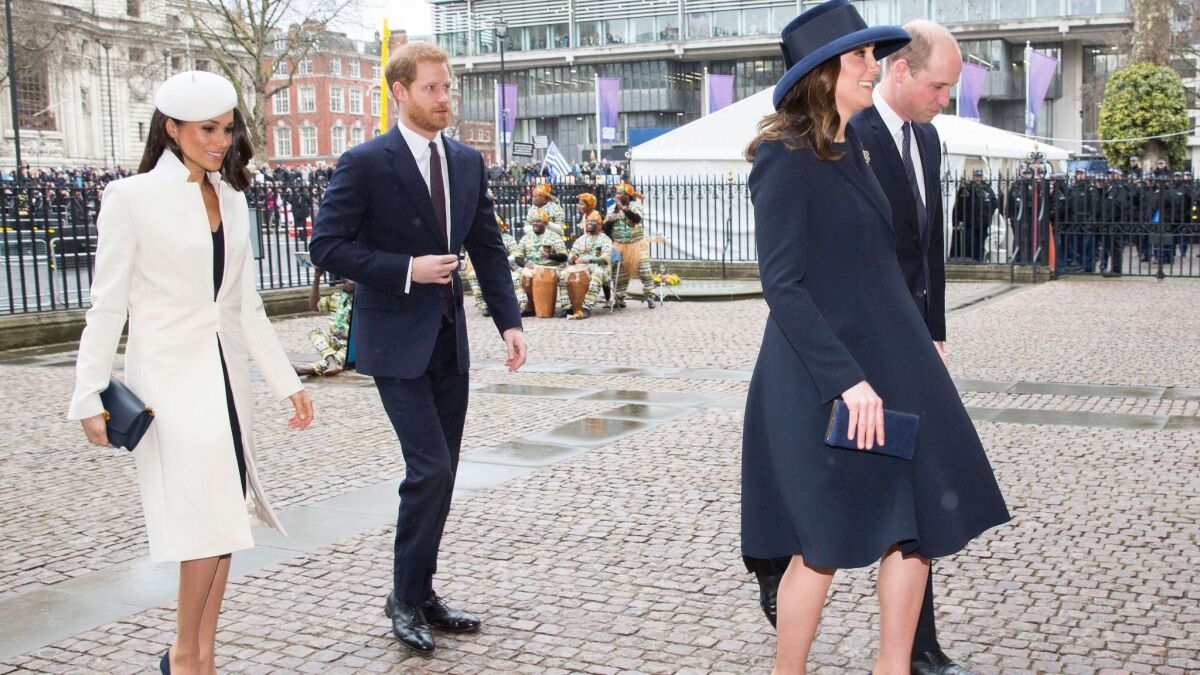 Meghan Markle (in Amanda Wakeley), Prince Harry, the Duchess of Cambridge (in Beulah) and Prince William at the Commonwealth Day observance service.