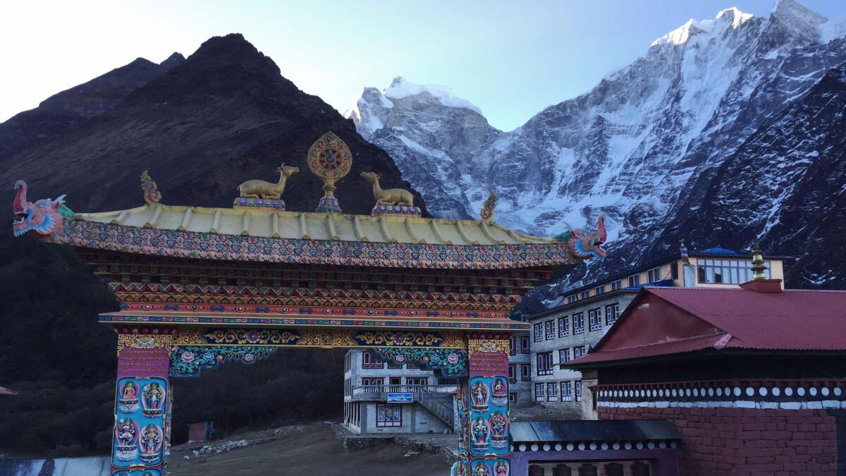 The Buddhist monastery gate at the entrance of the small village of Tengboche, elevation 12,664 feet.