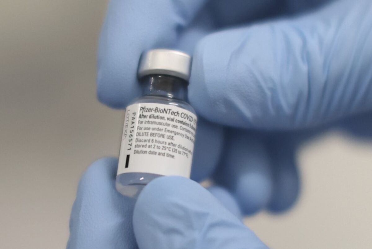 A vial of the COVID-19 vaccine made by Pfizer and BioNTech.