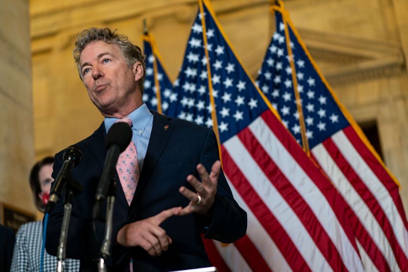 WASHINGTON, DC - MARCH 04: Sen. Rand Paul (R-KY) gestures while speaking during a press conference on Capitol Hill on Thursday, March 4, 2021 in Washington, DC. (Kent Nishimura / Los Angeles Times)