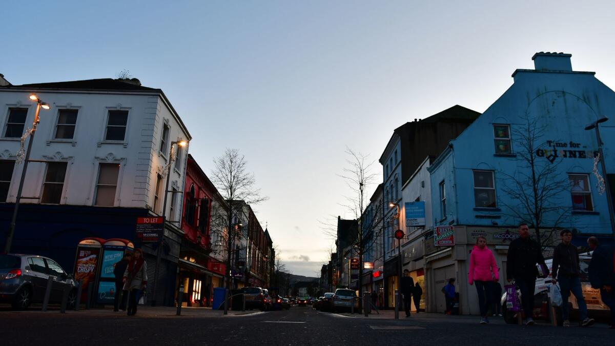 Downtown Newry, about 6 miles inside Northern Ireland from the border with the Republic of Ireland. Newry has seen a large influx of shoppers from the republic since the June 2016 Brexit vote.