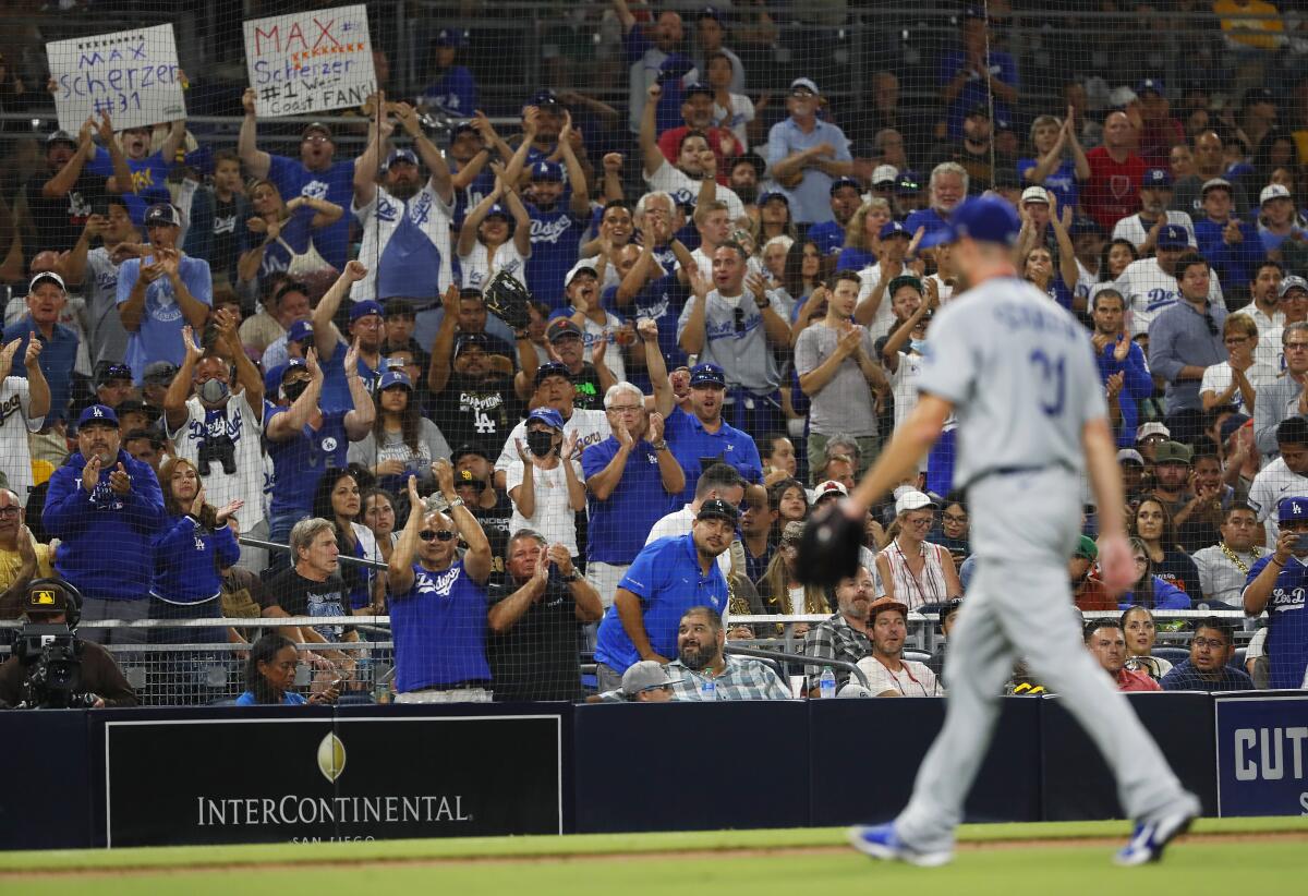 Max Scherzer receives a standing ovation from Dodgers fans as he exits in the eighth inning.