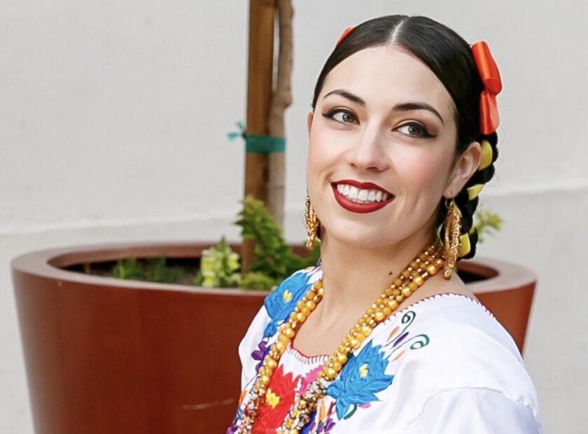 Maestra Kareli Montoya of Ballet Folklorico de Los Angeles is featured in the Carpenter Performing Arts Center's Cinco de Mayo celebration.