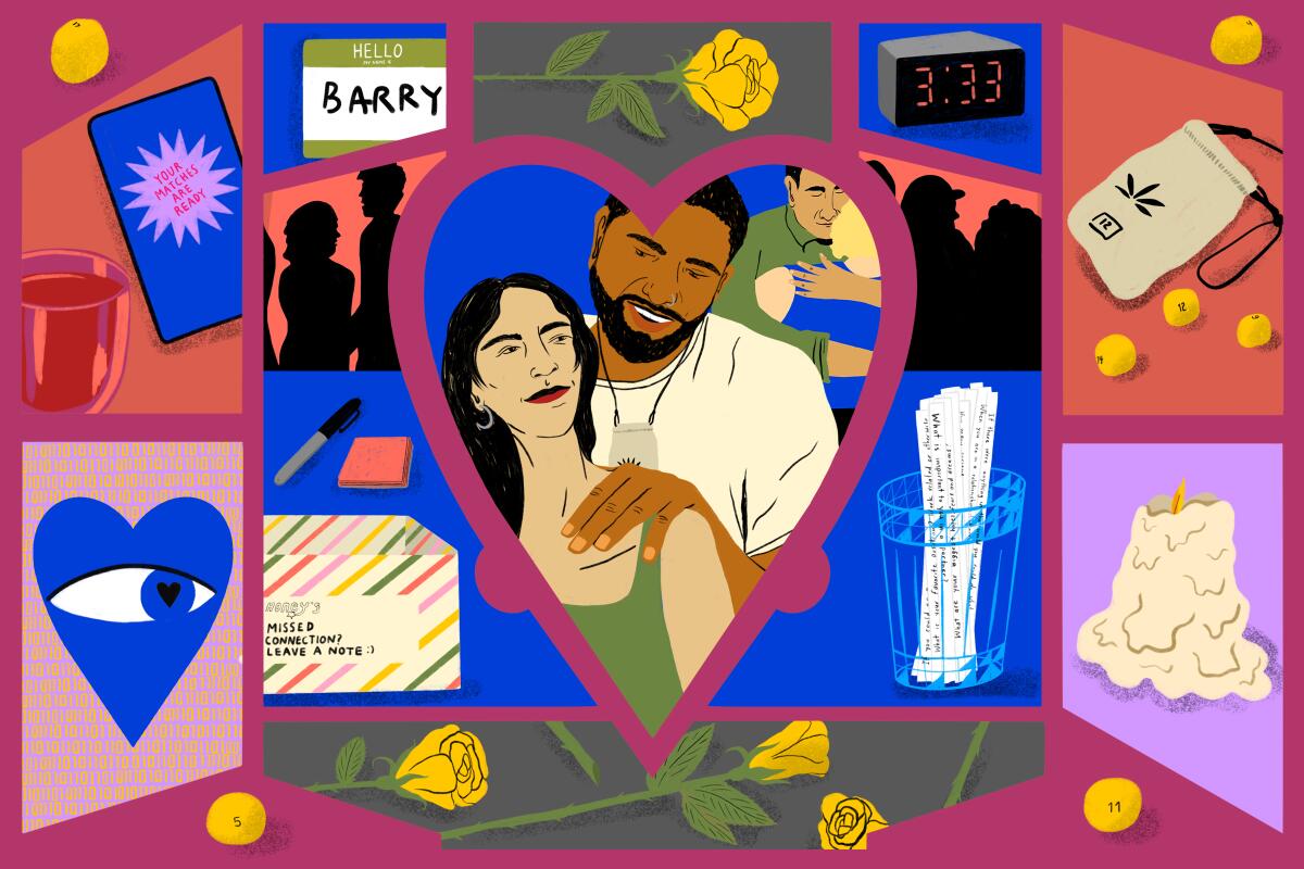 A collage-style illustration of roses, a clock and items associated with dating, surrounding 2 couples inside a heart shape