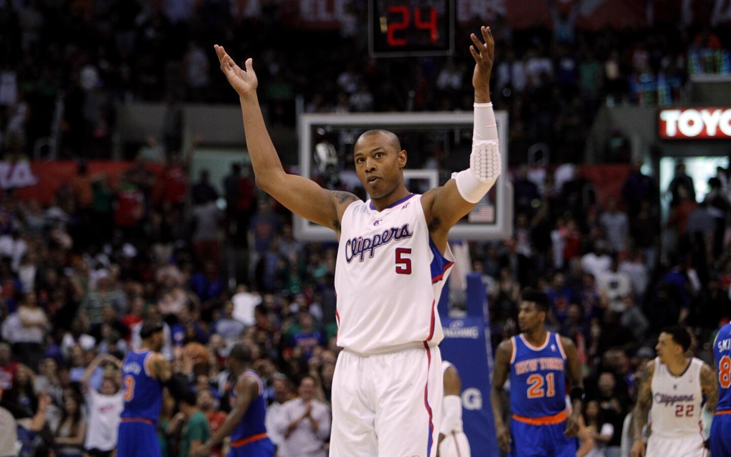 Clippers forward Caron Butler reacts after his three-point shot sealed the victory over the Knicks on Sunday afternoon at Staples Center.
