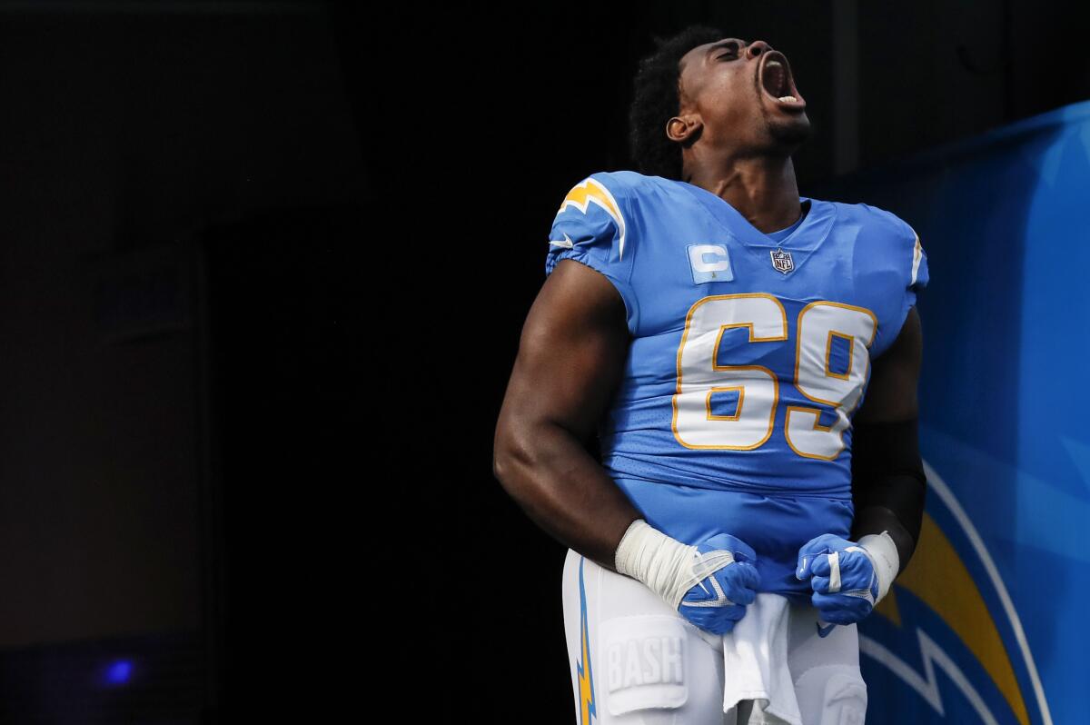 Chargers defensive tackle Sebastian Joseph-Day yells while in uniform.