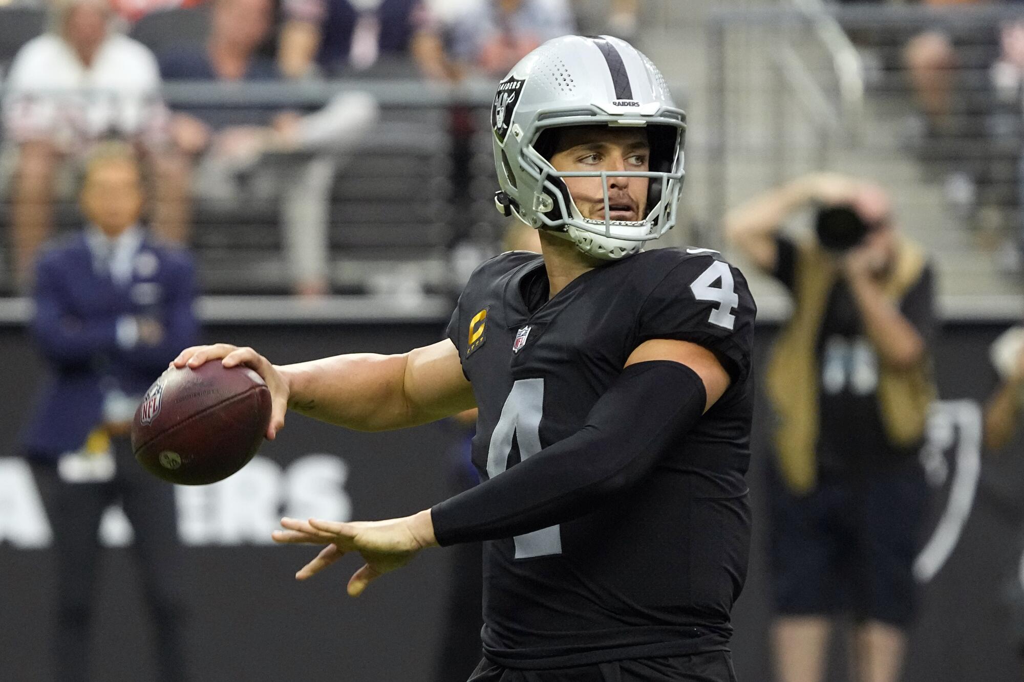 Las Vegas Raiders quarterback Derek Carr during a game against the Chicago Bears.